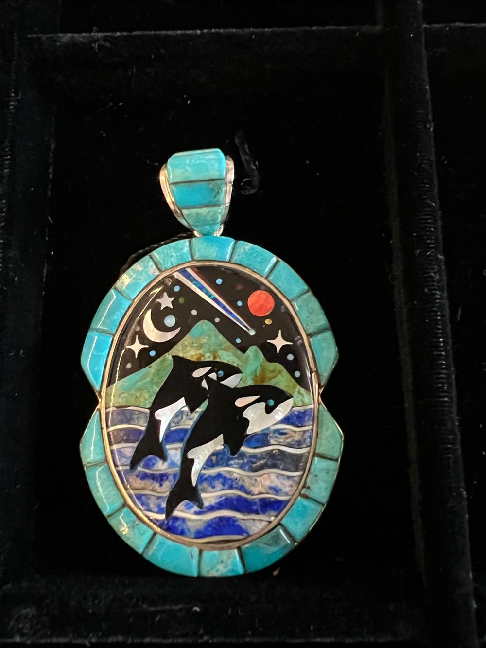 Turquoise Inlay Ocean Scene Killer Whale Pendant Necklace